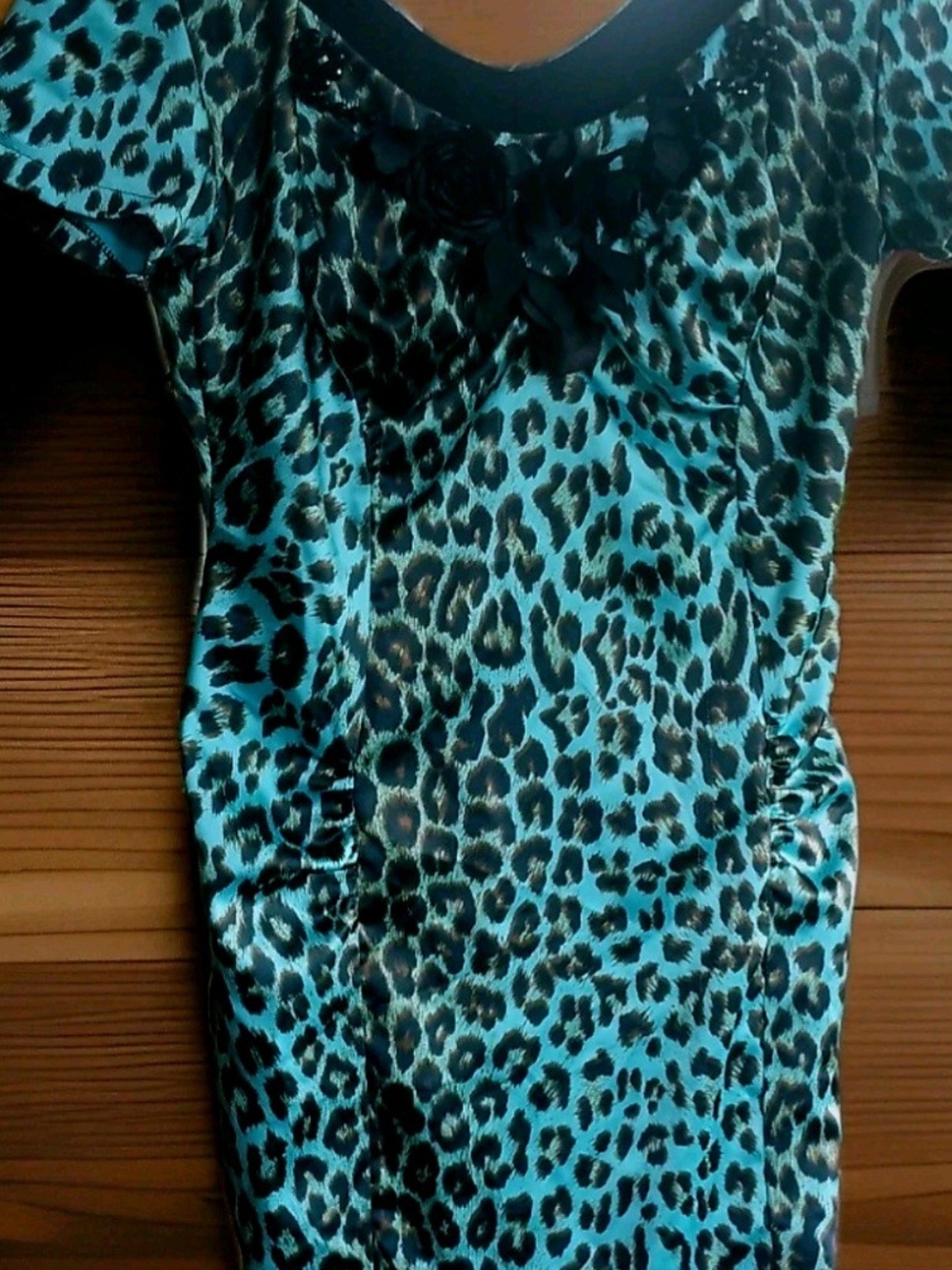 Alchera Teal Leopard Print Midi Dress with Black Trim